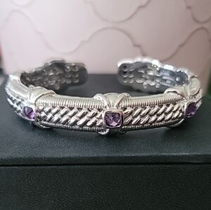 Judith Ripka 925 Silver and Amethyst Purple Intricate Hinged Cuff Bracelet